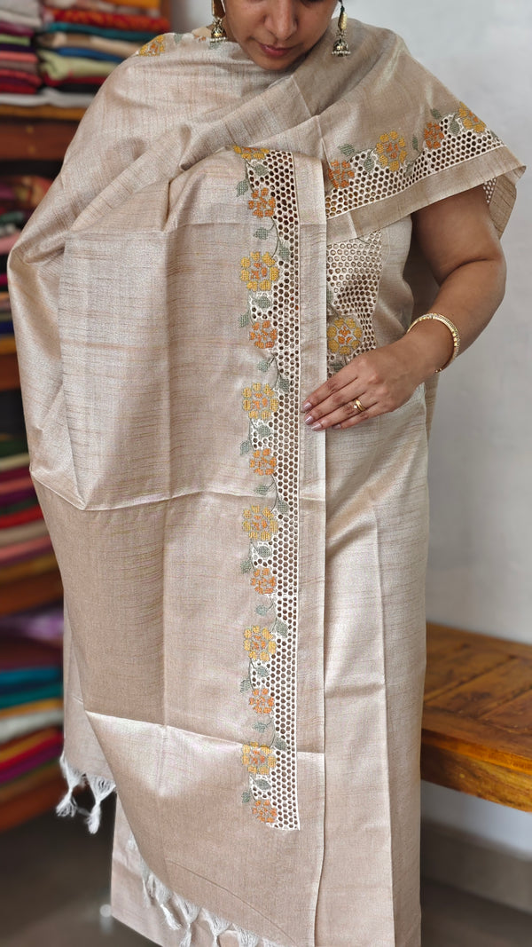 Light Beige Semi Tussar Cutwork Suit - HTV7 - Mustard