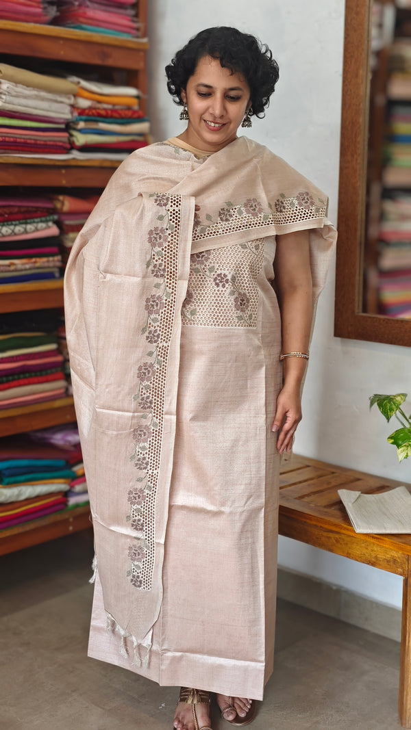 Light Beige Semi Tussar Cutwork Suit - HTV7 - Nude Mauve Pink
