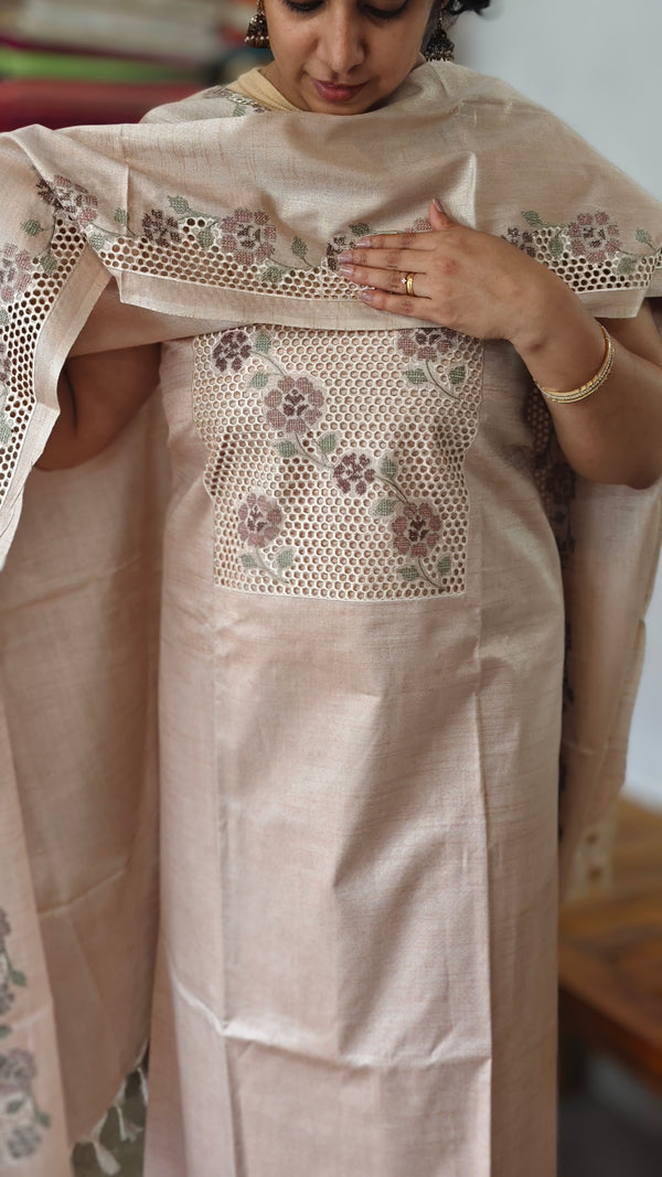 Light Beige Semi Tussar Cutwork Suit - HTV7 - Nude Mauve Pink