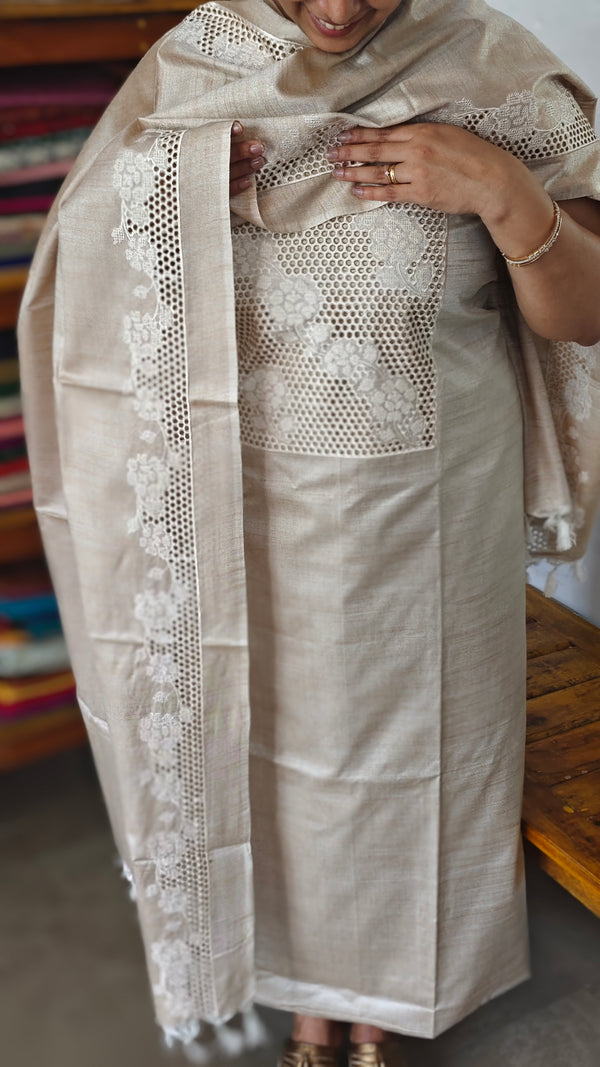 Light Beige Semi Tussar Suit - HTV7 - Ivory Off White