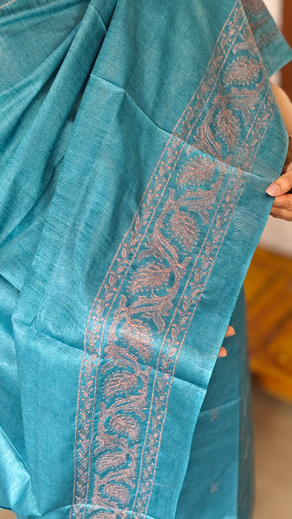 True Blue Semi Tussar Suit with Copper Thread Embroidery