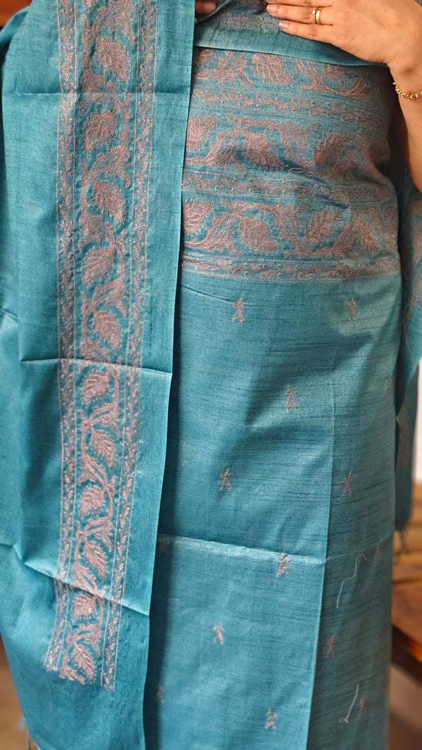 True Blue Semi Tussar Suit with Copper Thread Embroidery