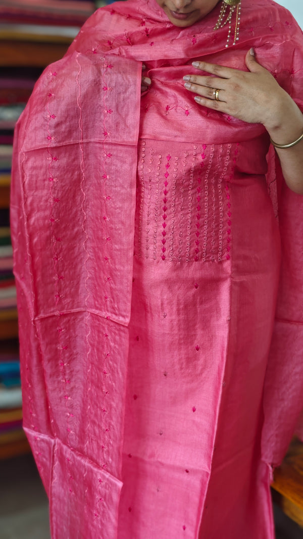 Punch Pink Embroidered Tussar Silk Suit - E882