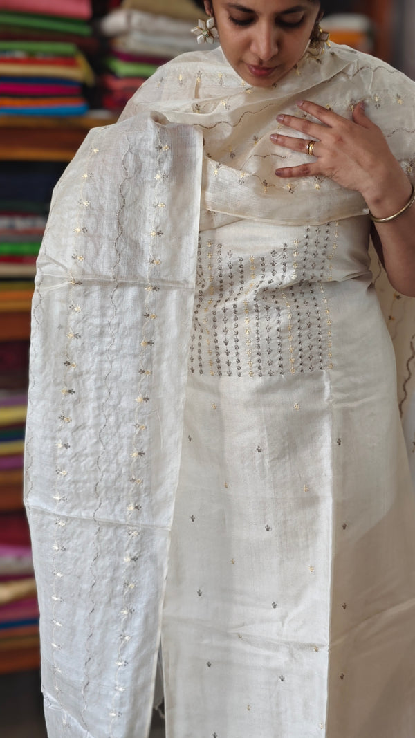 Off White Embroidered Tussar Silk Suit - E882