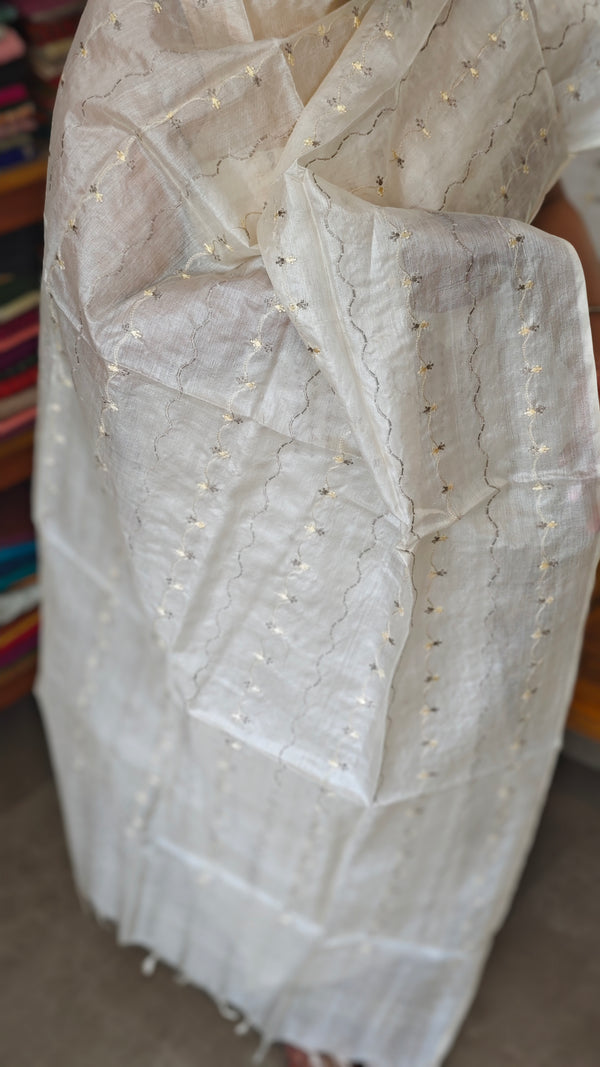 Off White Embroidered Tussar Silk Suit - E882