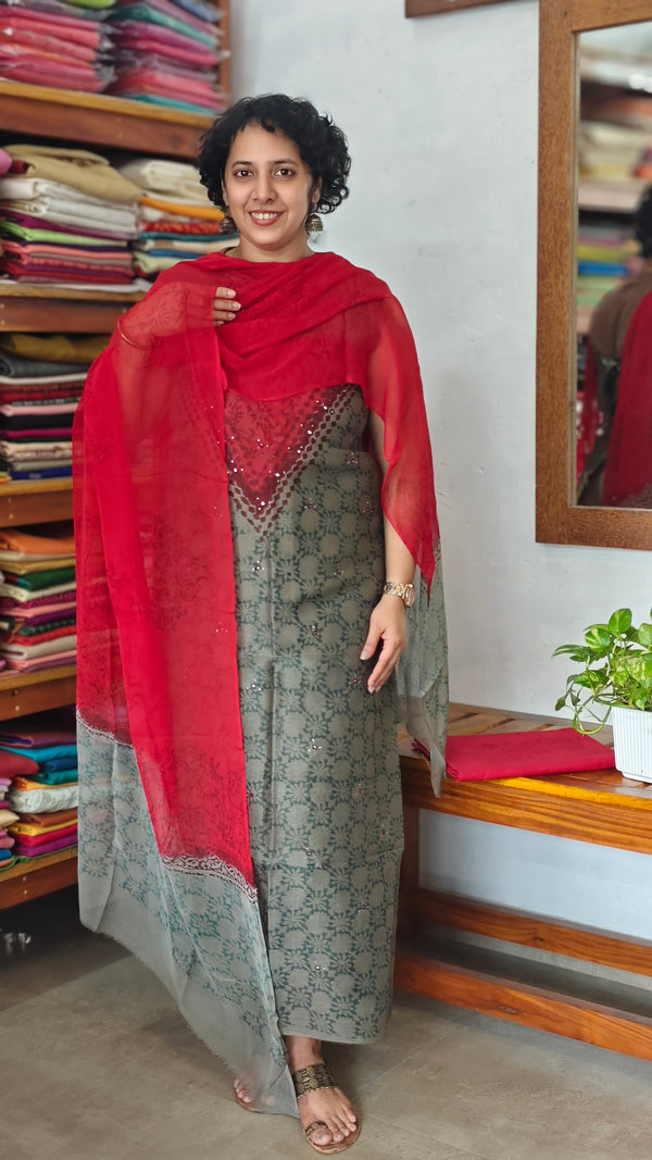 Smoky Green and Red Block Printed Super Net Kota Suit - U729