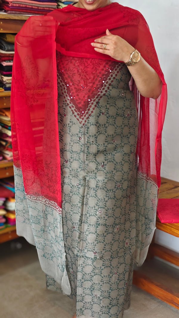 Smoky Green and Red Block Printed Super Net Kota Suit - U729