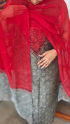 Smoky Green and Red Block Printed Super Net Kota Suit - U729