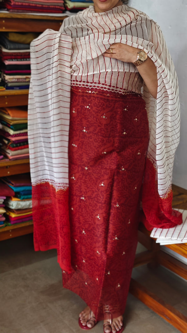 Brick Red and Off White Block Printed Super Net Kota Suit - U729