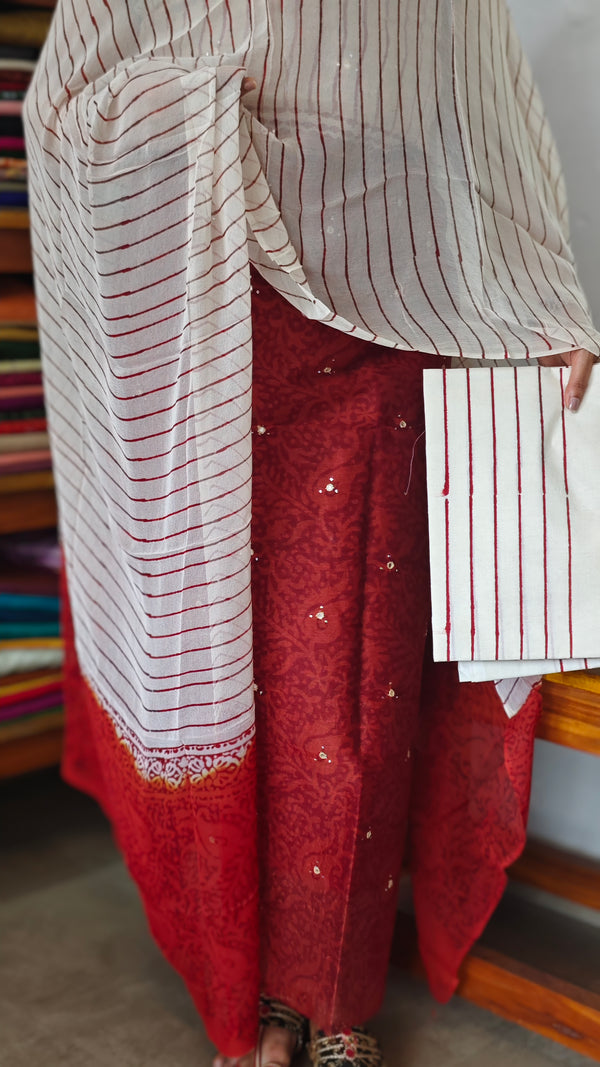 Brick Red and Off White Block Printed Super Net Kota Suit - U729