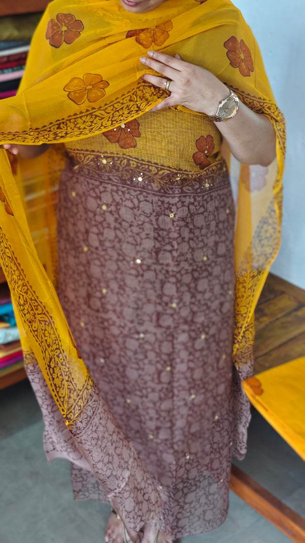 Brown and Mustard Block Printed Net Kota Suit - U729