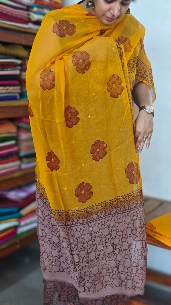 Brown and Mustard Block Printed Net Kota Suit - U729