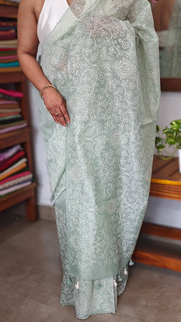 Aqua Green Embroidered Organza Tissue Saree - PD3A