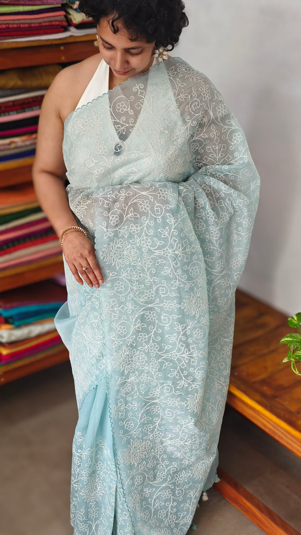 Baby Blue Embroidered Organza Tissue Saree - PD3A