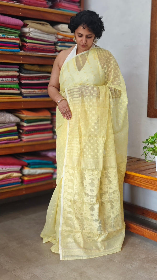 Pastel Yellow Cotton Muslin Jamdani Saree