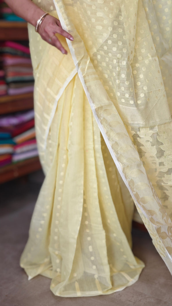 Pastel Yellow Cotton Muslin Jamdani Saree