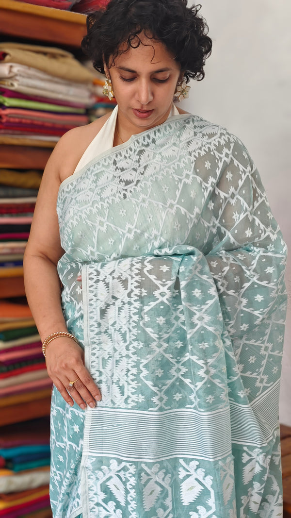 Aque Blue Muslin Cotton Jamdani Saree