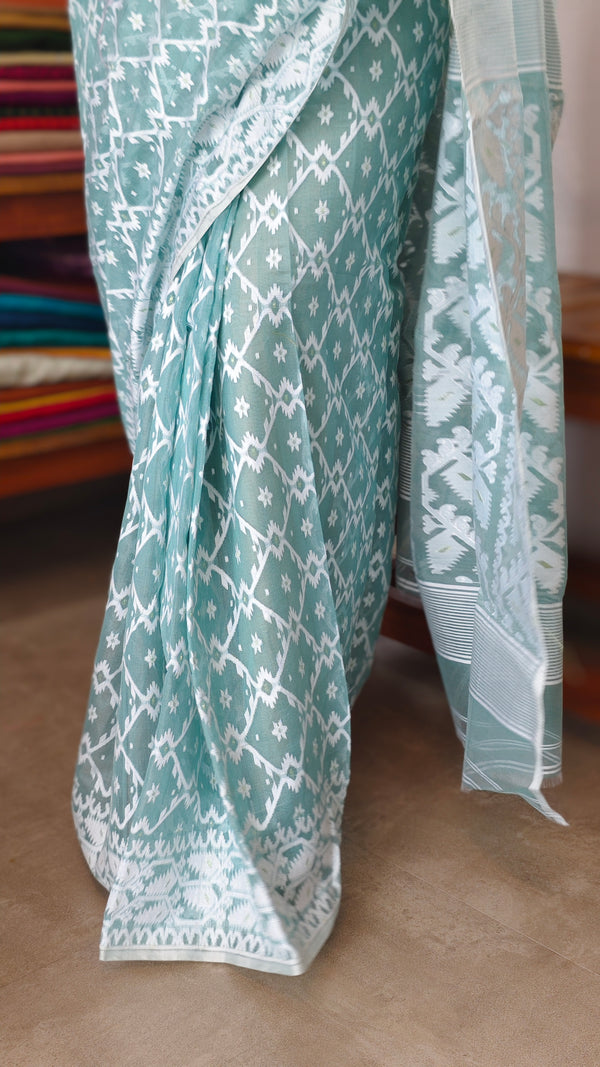 Aque Blue Muslin Cotton Jamdani Saree