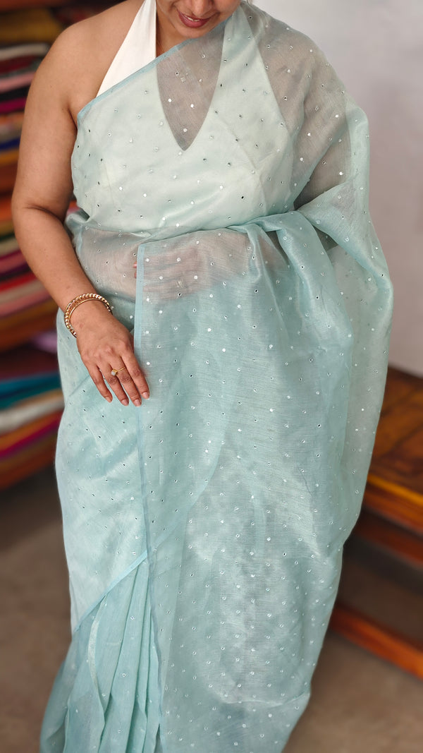 Aqua Blue Tissue Organza Saree with Mirror Work - 3637A