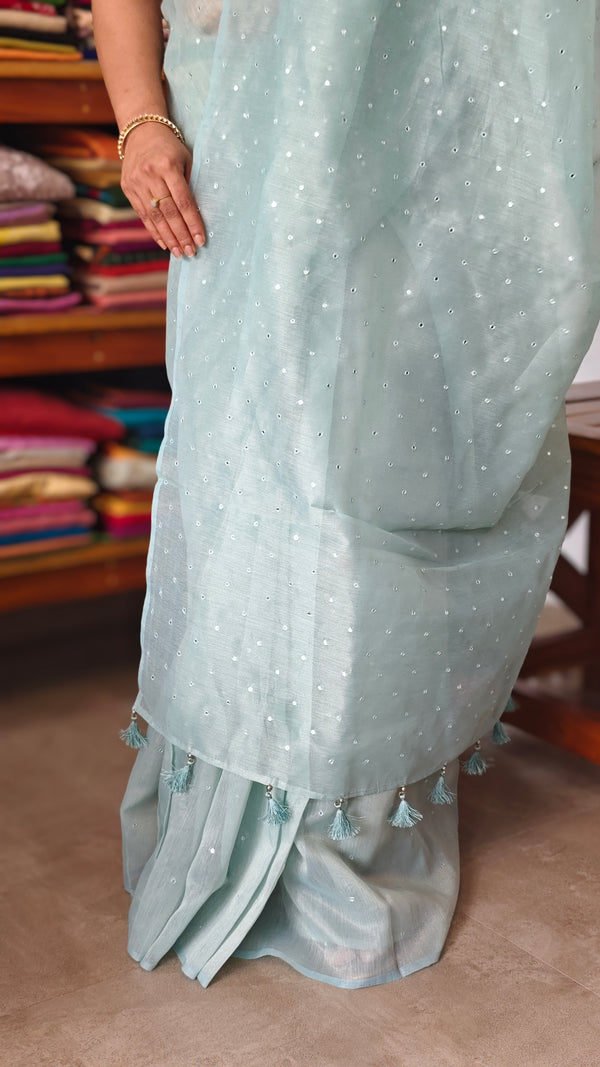 Aqua Blue Tissue Organza Saree with Mirror Work - 3637A