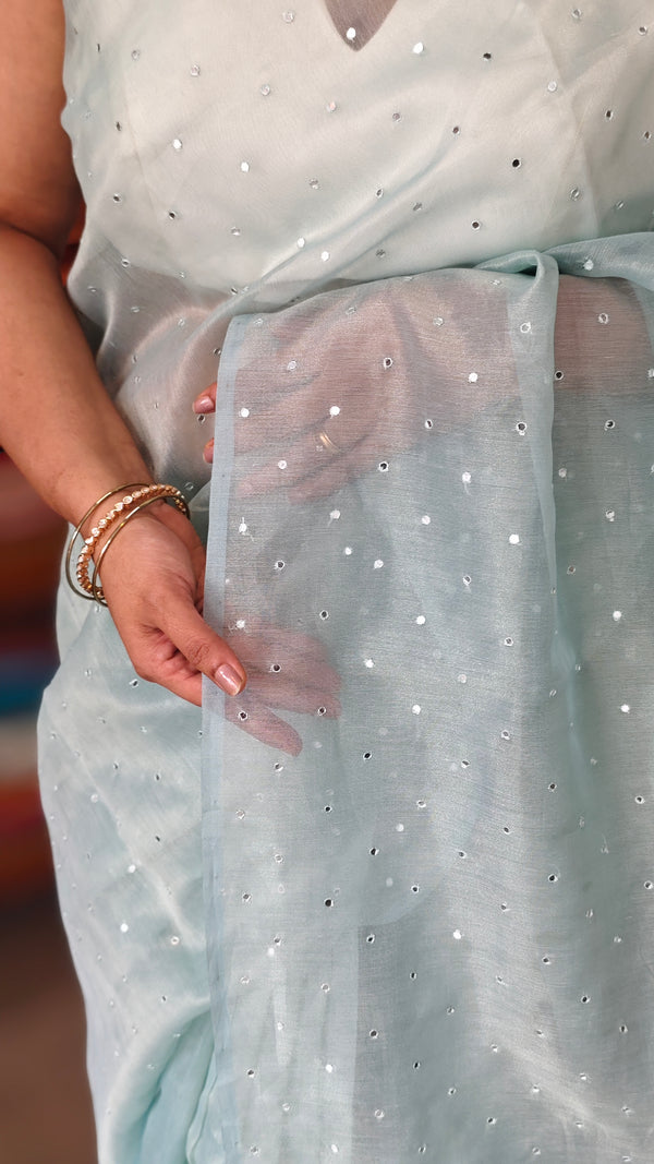 Aqua Blue Tissue Organza Saree with Mirror Work - 3637A