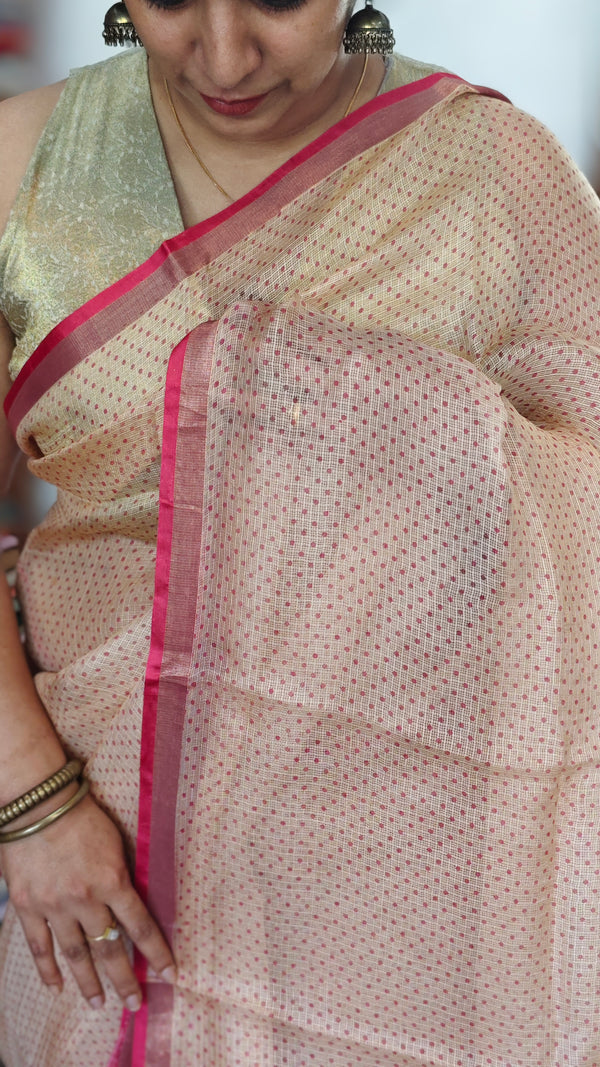 Rosy Beige Polka Print Pure Kota Silk Saree - KTS3