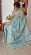 Teal Blue Tissue Linen Saree with Zari Embroidery - XN28