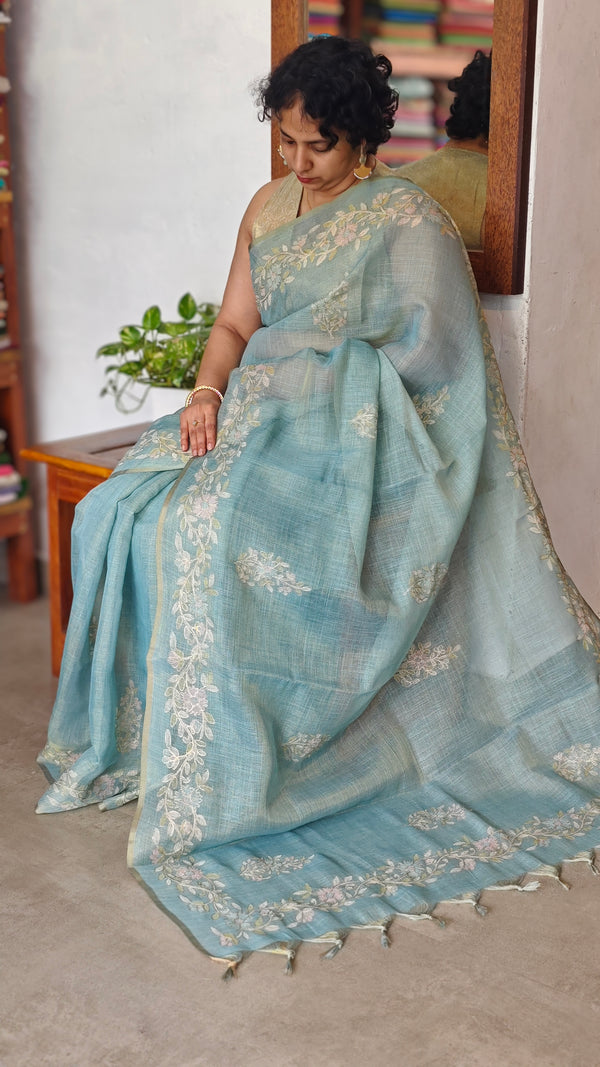 Teal Blue Tissue Linen Saree with Zari Embroidery - XN28