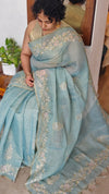Teal Blue Tissue Linen Saree with Zari Embroidery - XN28