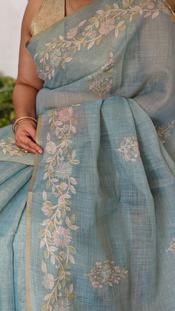 Teal Blue Tissue Linen Saree with Zari Embroidery - XN28