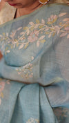 Teal Blue Tissue Linen Saree with Zari Embroidery - XN28