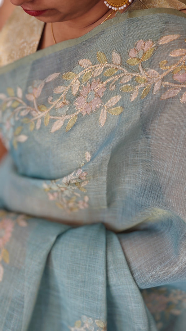 Teal Blue Tissue Linen Saree with Zari Embroidery - XN28
