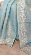 Teal Blue Tissue Linen Saree with Zari Embroidery - XN28