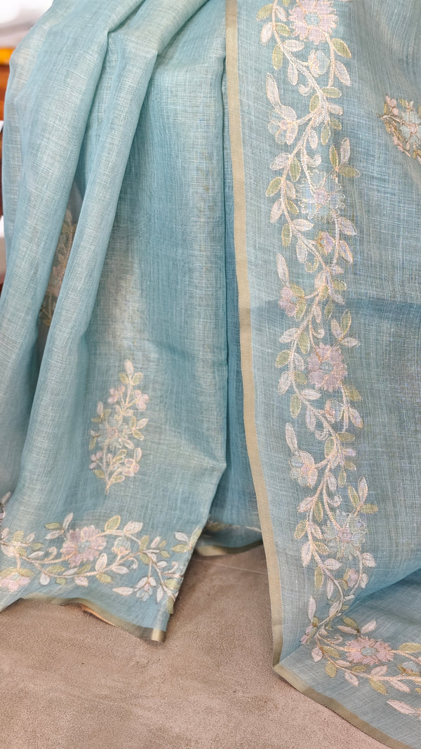 Teal Blue Tissue Linen Saree with Zari Embroidery - XN28