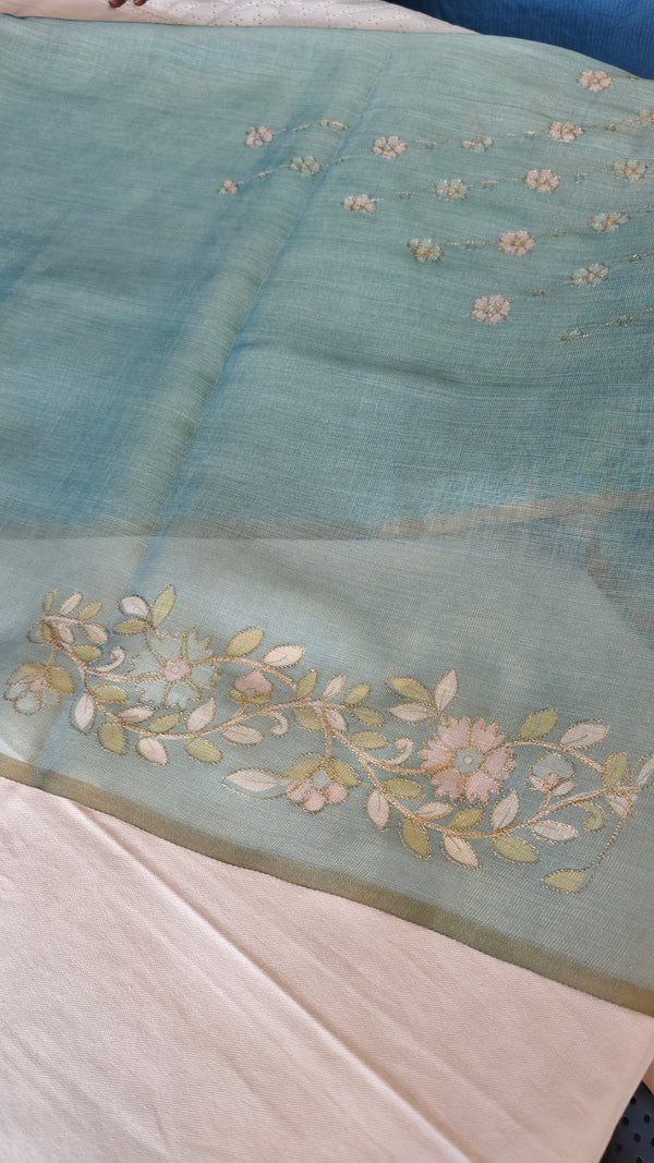 Teal Blue Tissue Linen Saree with Zari Embroidery - XN28