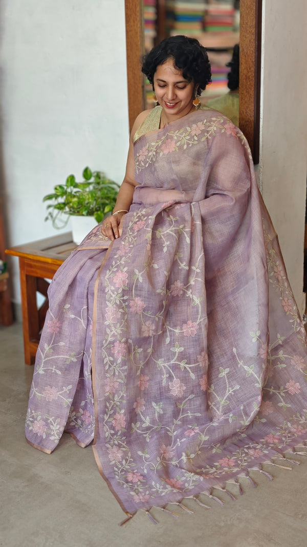 Dusty Lavender Linen Tissue Saree with Zari Embroidery - XN28