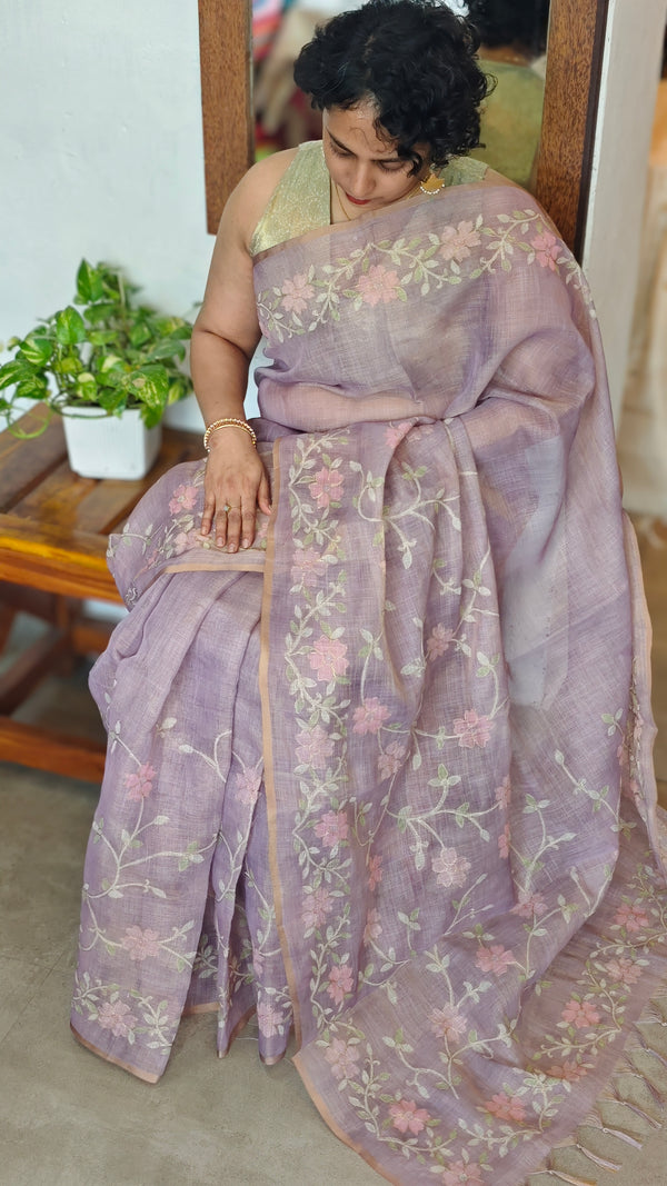 Dusty Lavender Linen Tissue Saree with Zari Embroidery - XN28