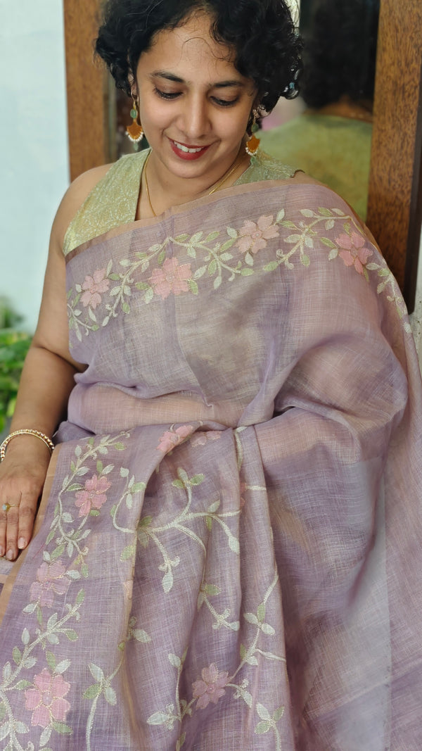 Dusty Lavender Linen Tissue Saree with Zari Embroidery - XN28
