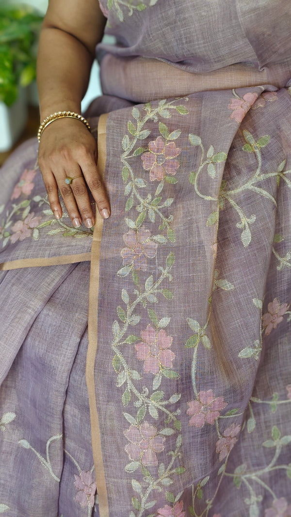 Dusty Lavender Linen Tissue Saree with Zari Embroidery - XN28