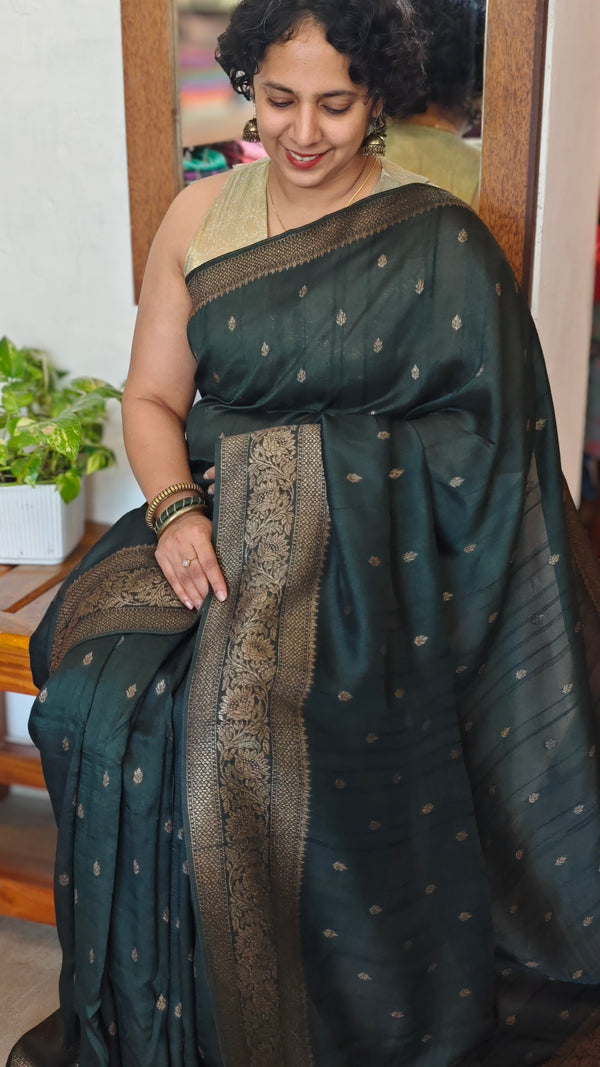 Bottle Green Chinon silk Banarasi Saree - CB492
