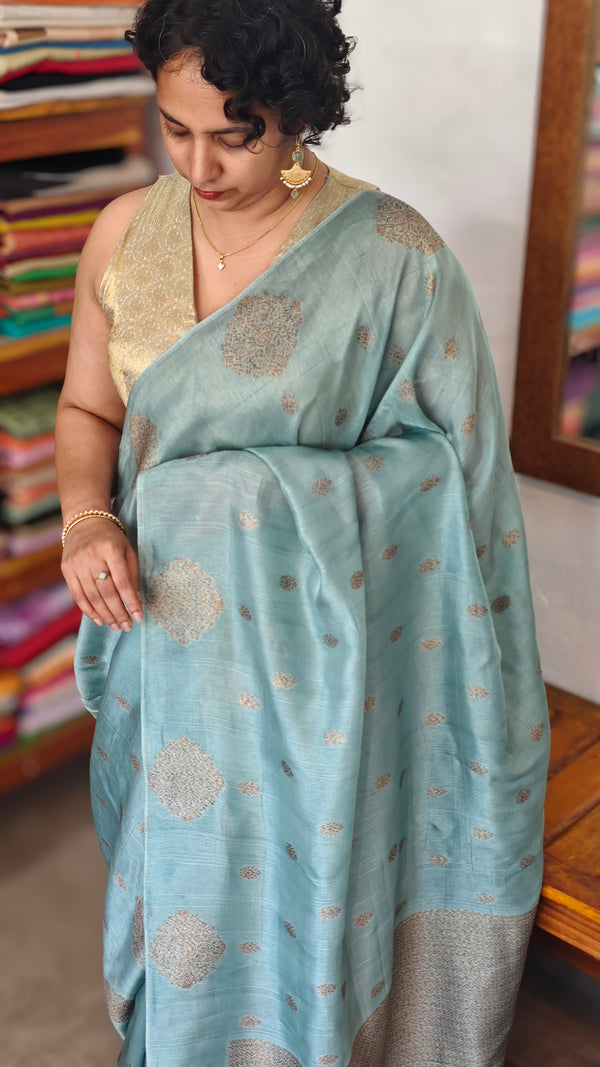 Aqua Mist Chinon Silk Banarasi Saree - CB492