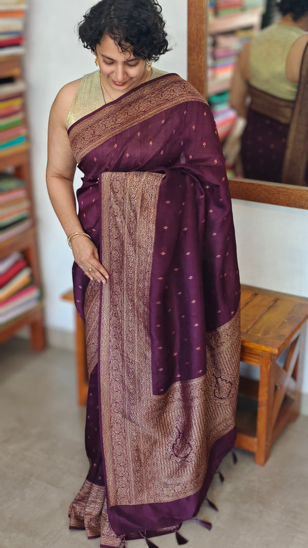 Deep Purple Chinon Silk Banarasi Saree - CB492