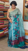Aqua Blue Floral Printed Pure Kota Silk Saree - KTS3