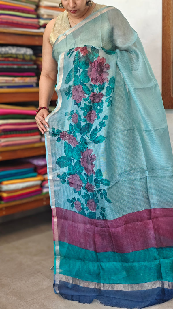 Aqua Blue Floral Printed Pure Kota Silk Saree - KTS3
