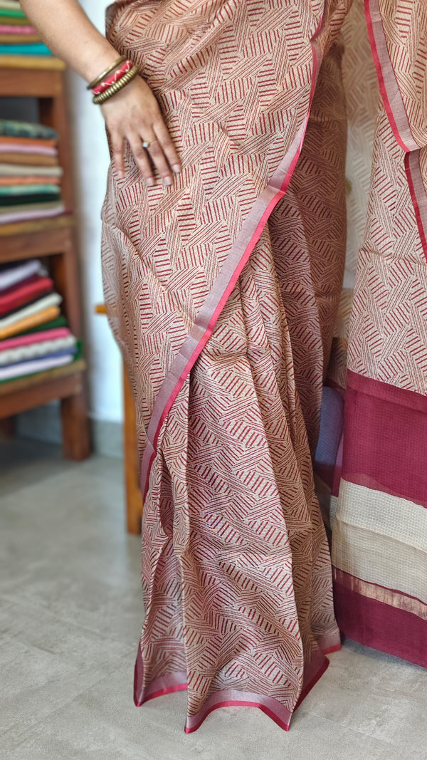 Beige Printed Pure Kota Silk Saree - KTS3