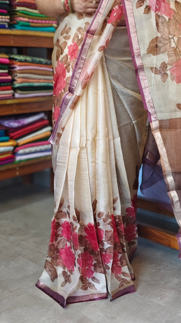 Cream Floral Printed Pure Kota Silk Saree - KTS3