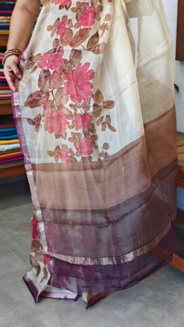 Cream Floral Printed Pure Kota Silk Saree - KTS3
