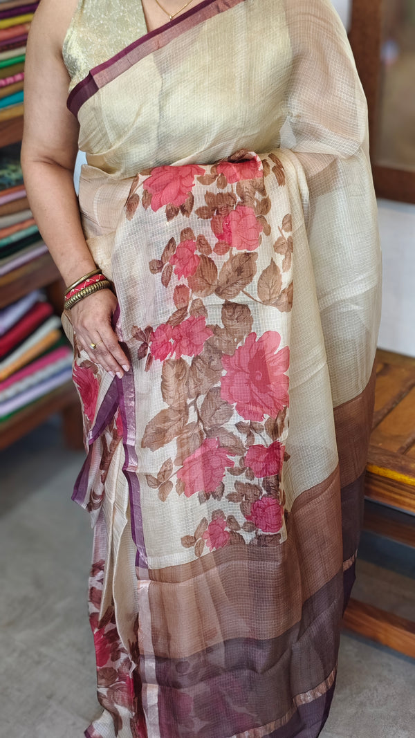 Cream Floral Printed Pure Kota Silk Saree - KTS3
