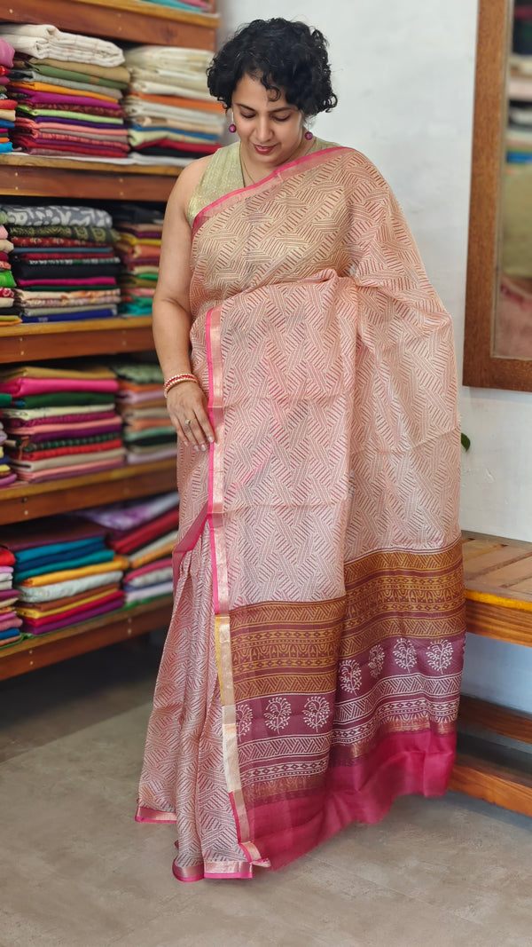 Rosy Beige Printed Pure Kota Silk Saree - KTS3