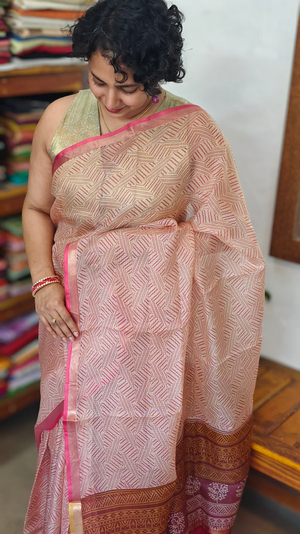 Rosy Beige Printed Pure Kota Silk Saree - KTS3